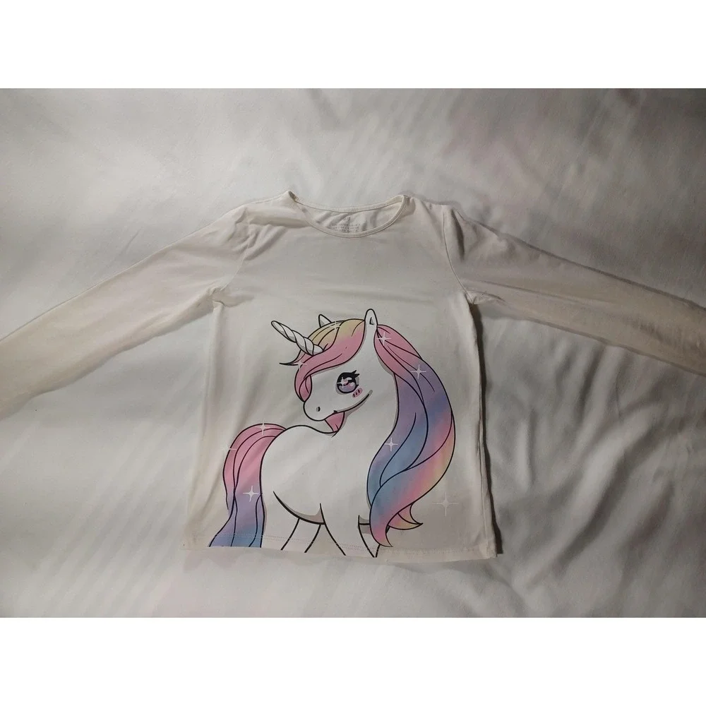 H&M Shirt Girls 6-8Y 122/128 White Long Sleeve Unicorn Rainbow Graphic Tee Kids - Picture 1 of 4